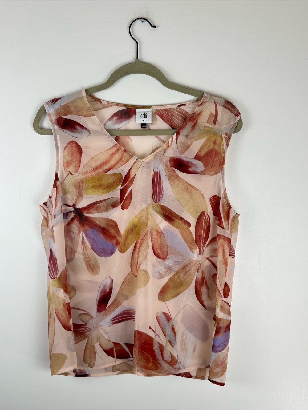 Cabi Womens Medium Blouse Top Floral Sleeveless V Neck Sheer Red Boho